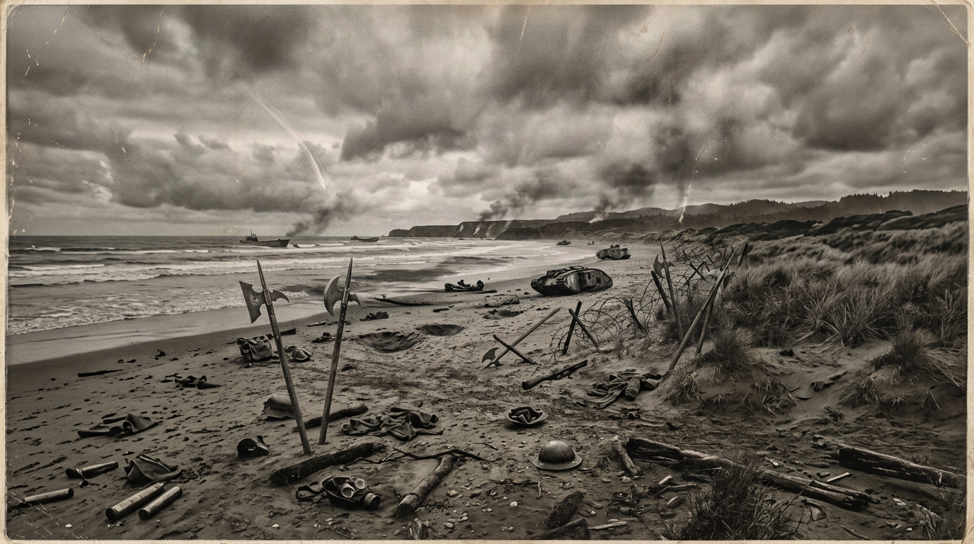 Overcast beach with driftwood, waves, grassy dunes, and distant cliffs